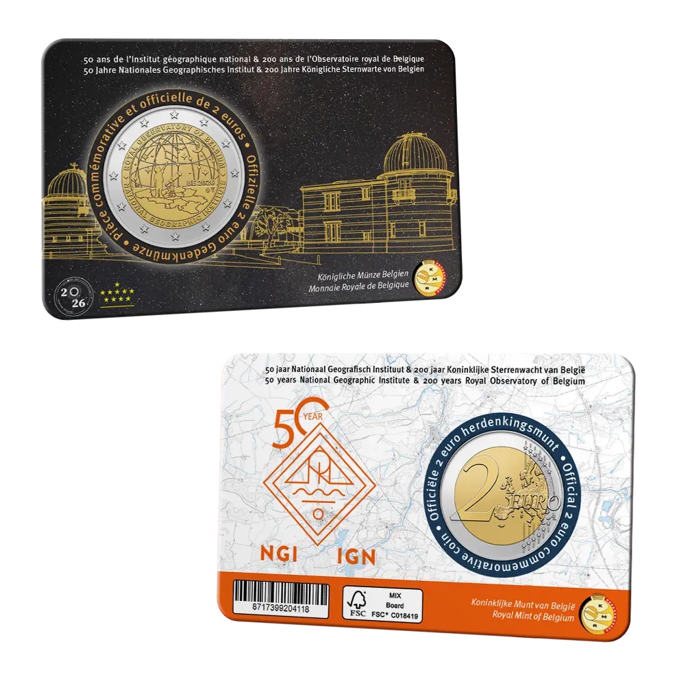 2 euros conmemorativa 50 años del Instituto Geográfico Nacional, 200 años del Real Observatorio Belga